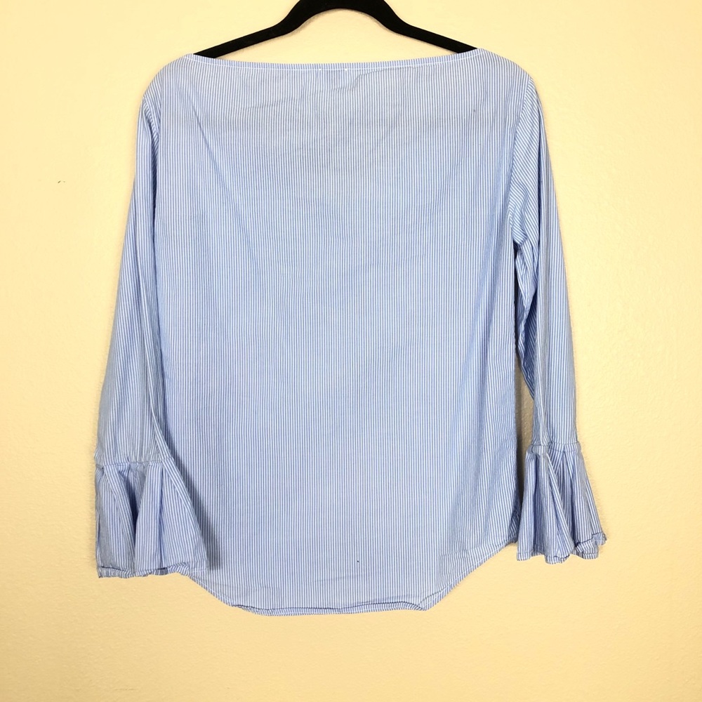 Iris & Ink Collarless Button Down Blouse Striped - image 3